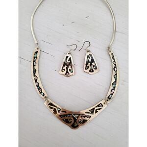 Vintage Silver Alpaca Mexican Abalone Inlay Necklace and Earring Jewelry Set